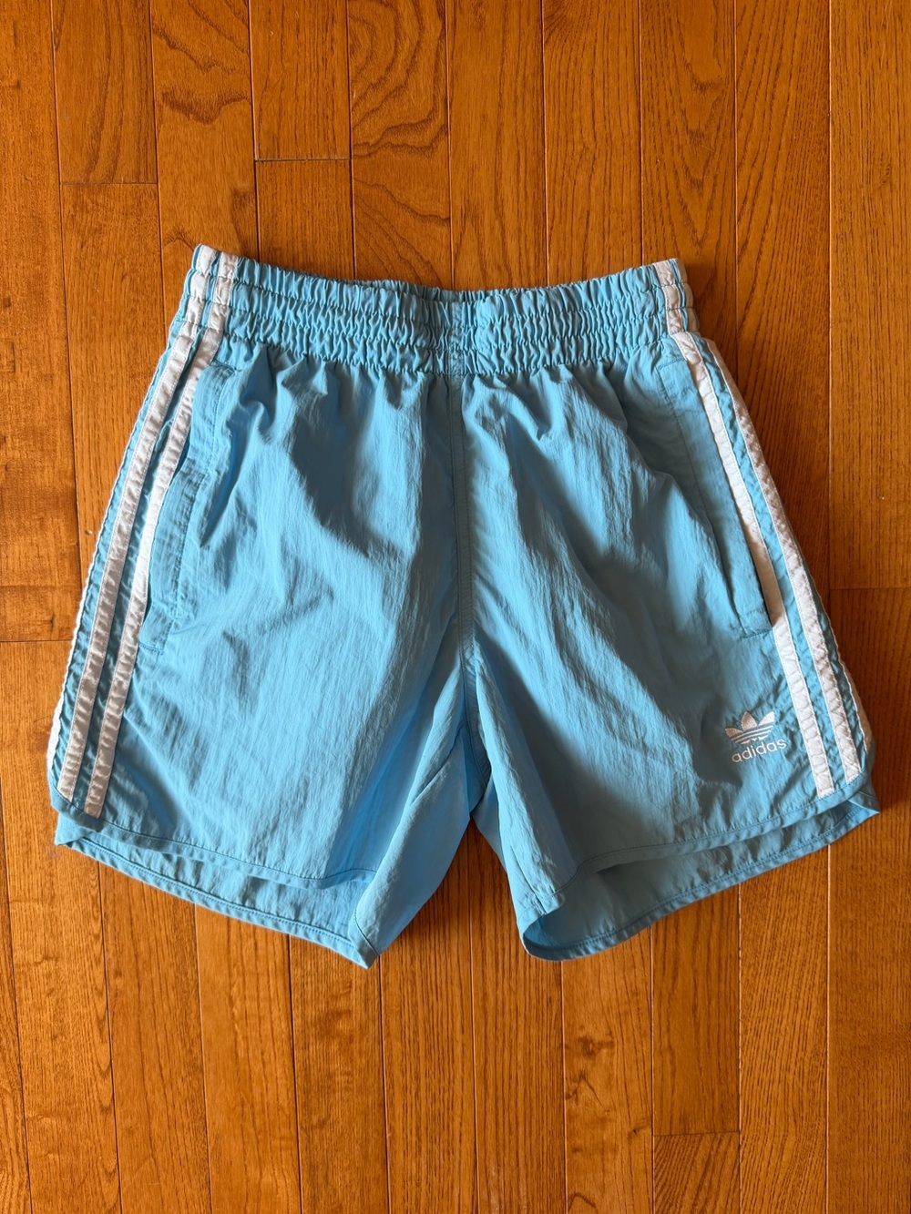 Adidas Originals 3-Stripes Nylon Track Shorts Sky Baby Blue Trefoil Extra Small